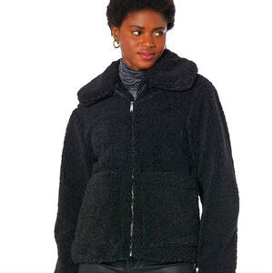 Sam Edleman Faux Fur Short Front Zip Teddy Jacket w/Patch Pockets- Black